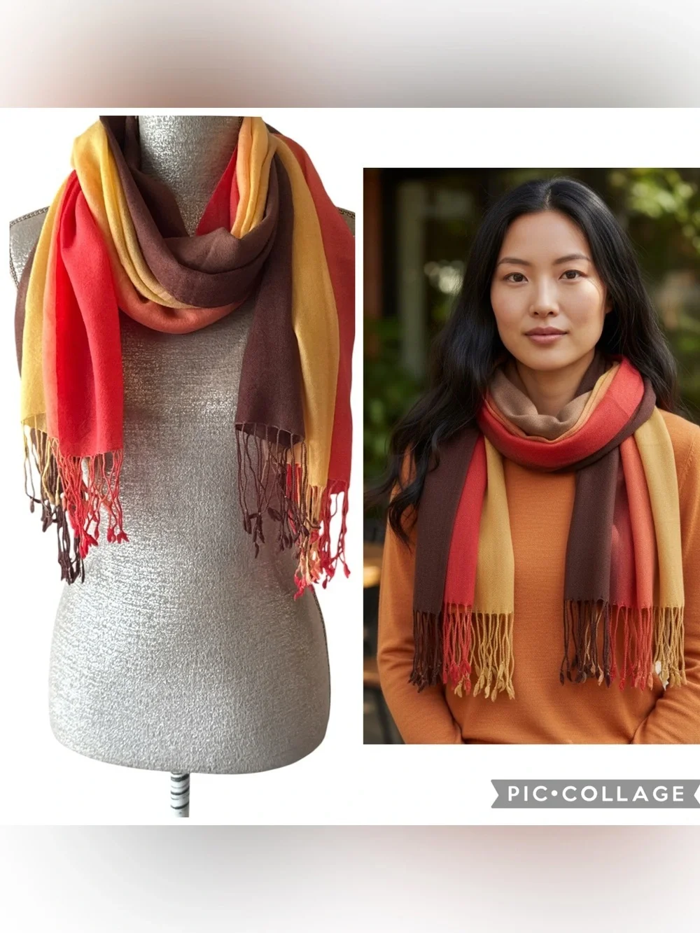 100% Pashmina Brown Yellow Orange Fall Ombré Fringe Scarf OS